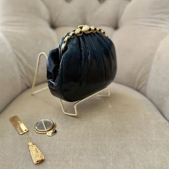 VTG Auth JUDITH LEIBER Genuine Karung Lizard Black Convertible Minaudiere Bag - Picture 4 of 9